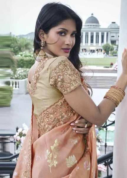 Peach and Gold Embroidered Wedding Saree