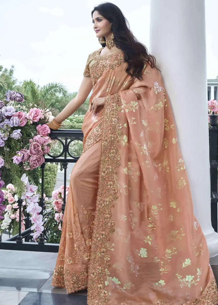 Peach and Gold Embroidered Wedding Saree
