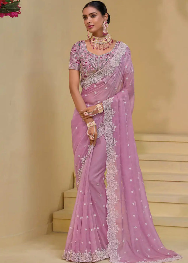 Pink Embroidered Banarasi Tuscany Saree