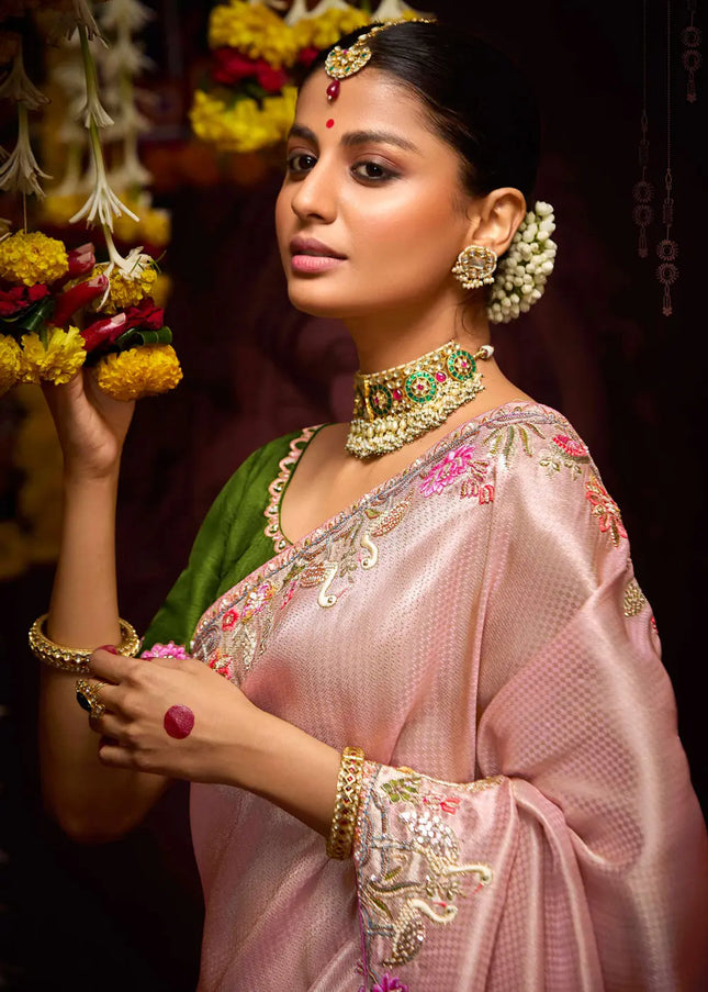 Green and Pink Embroidered Wedding Saree