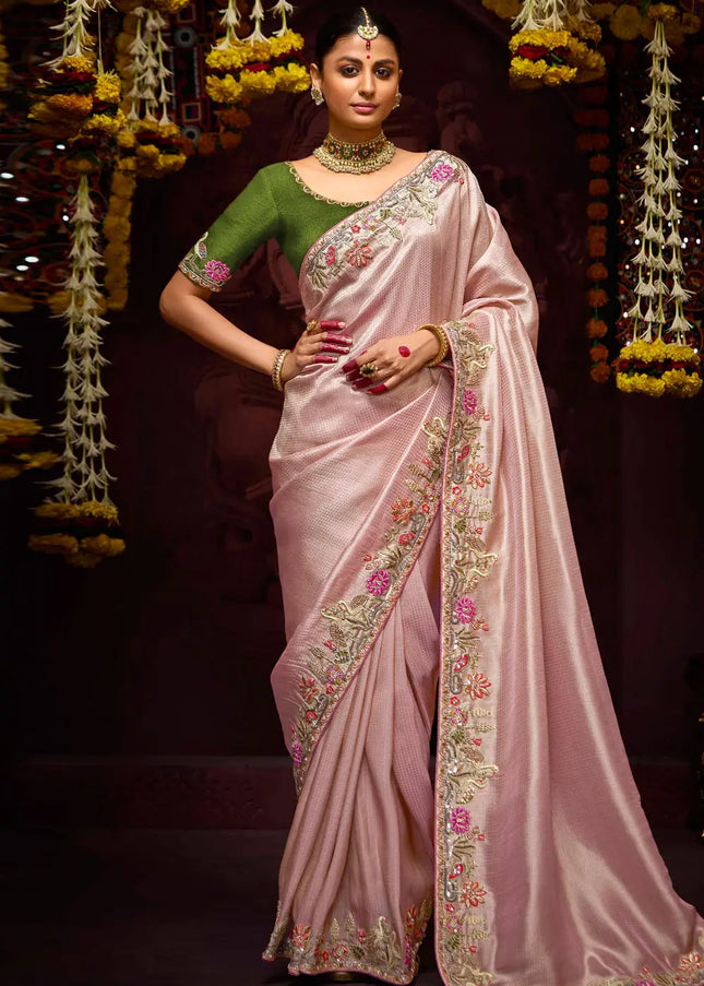 Green and Pink Embroidered Wedding Saree