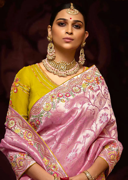 Mustard and Pink Embroidered Wedding Saree