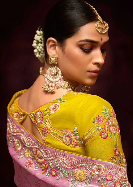 Mustard and Pink Embroidered Wedding Saree