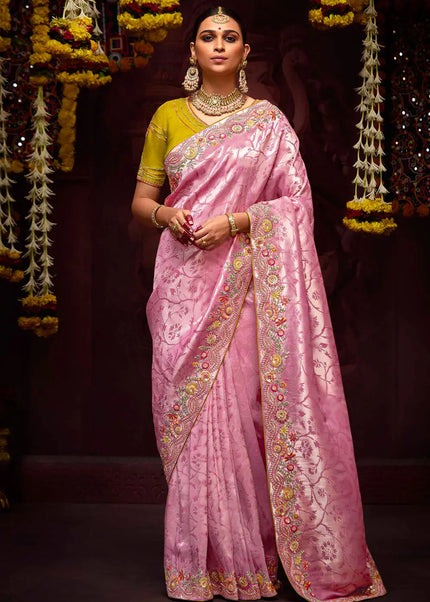 Mustard and Pink Embroidered Wedding Saree