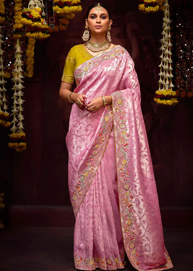 Mustard and Pink Embroidered Wedding Saree