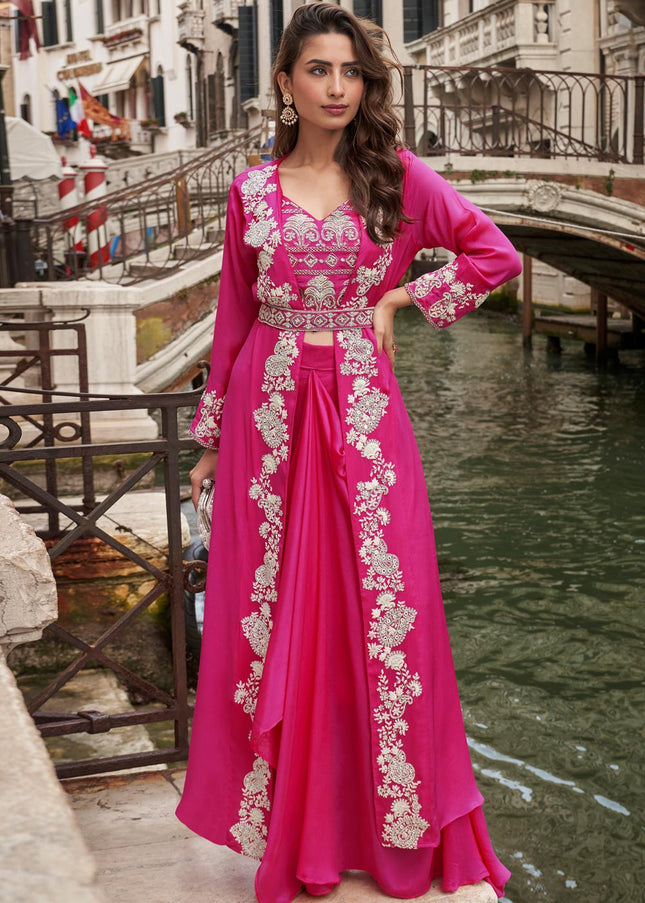 Pink Embroidered Jacket Style Sharara Suit
