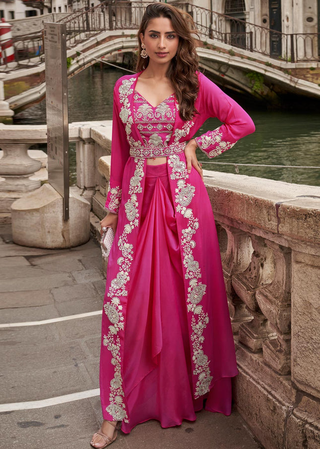 Pink Embroidered Jacket Style Sharara Suit