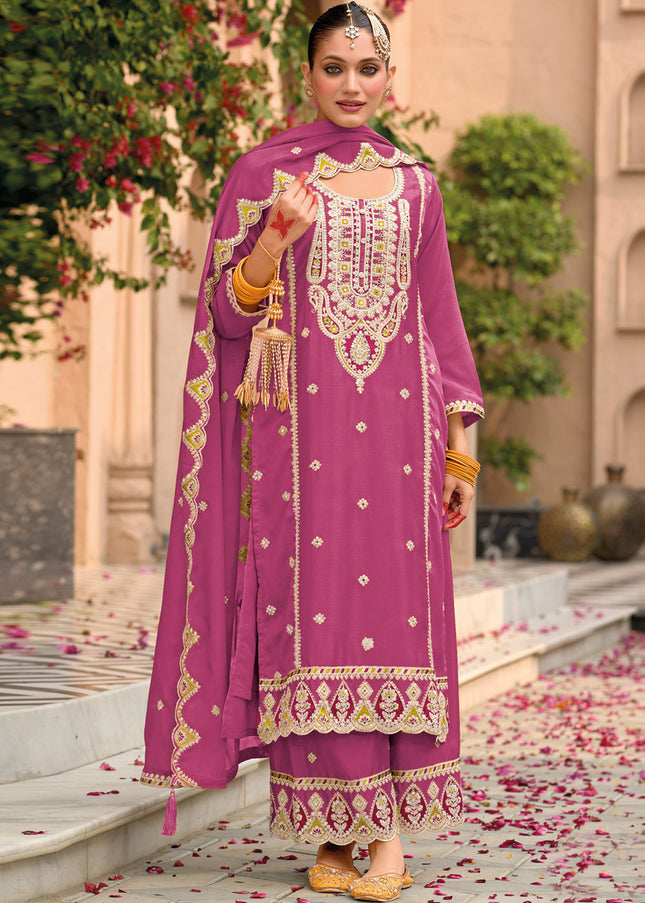 Pink Embroidered Palazzo Suit