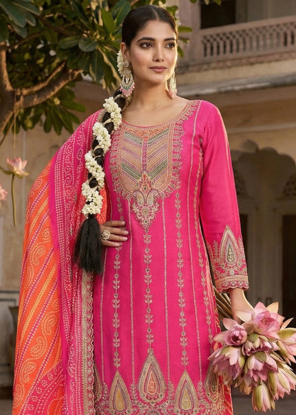 Pink Printed and Embroidered Dhoti Style Suit