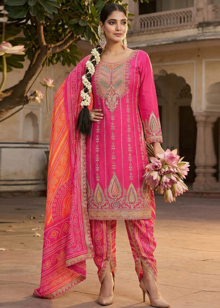 Pink Printed and Embroidered Dhoti Style Suit