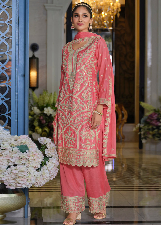 Pink Embroidered Pant Style Suit