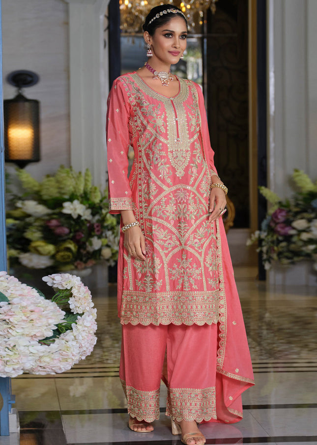 Pink Embroidered Pant Style Suit