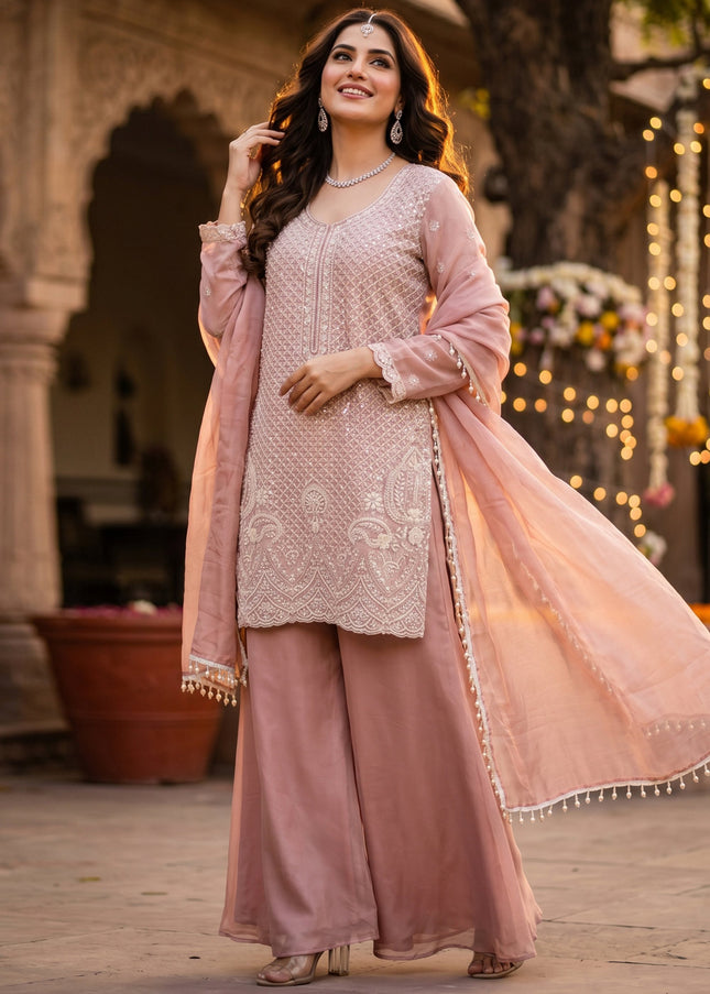 Pink Embroidered Sharara Suit