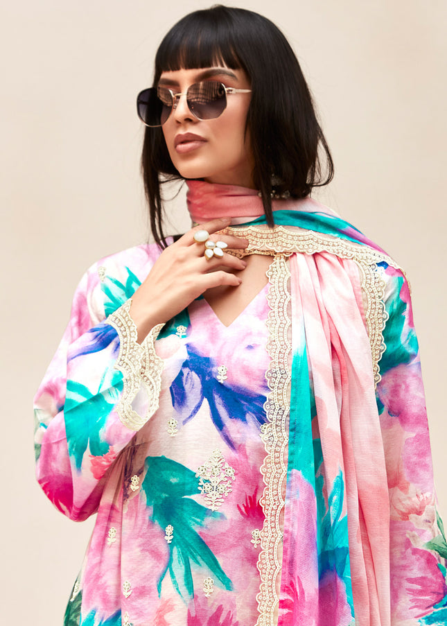 Pink Floral Embroidered Pant Syle Suit