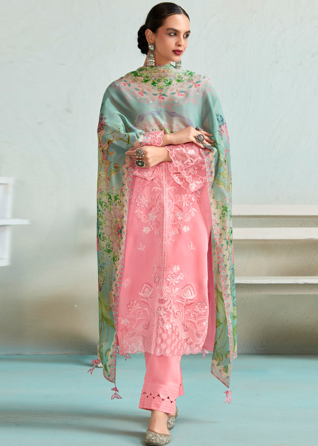 Pink Embroidered and Digital Printed Pant Style Suit
