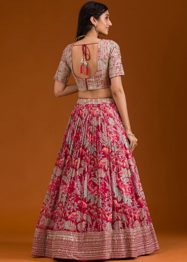 Peach Pink Printed and Embroidered Lehenga Choli