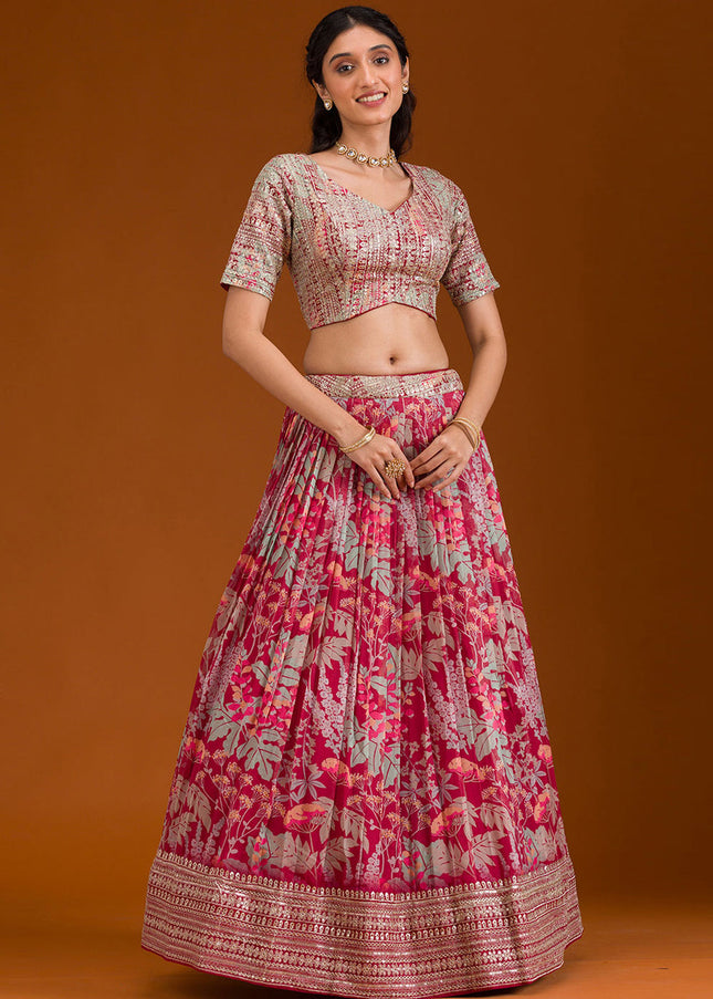 Peach Pink Printed and Embroidered Lehenga Choli