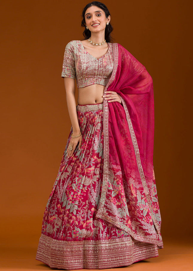 Peach Pink Printed and Embroidered Lehenga Choli