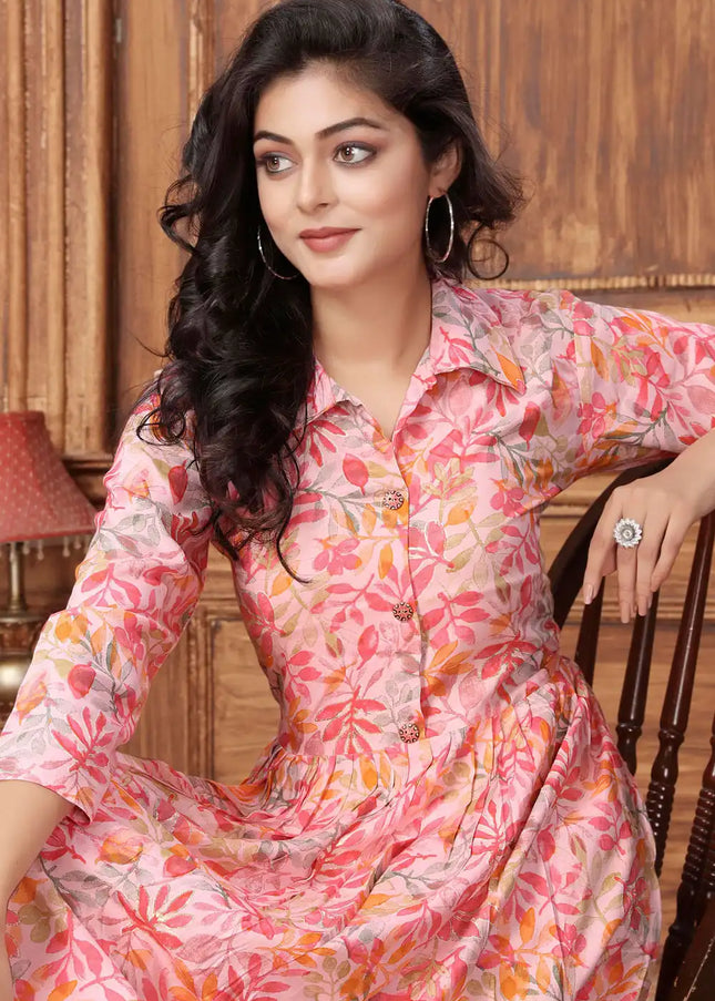 Pink Floral Embroidered Pant Style Suit