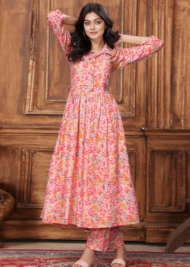 Pink Floral Embroidered Pant Style Suit