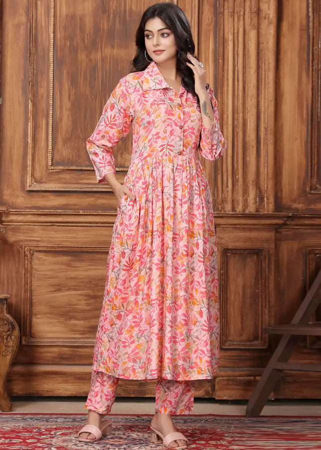 Pink Floral Embroidered Pant Style Suit