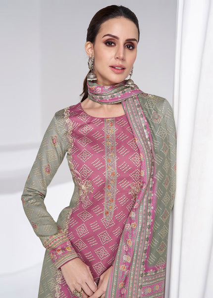 Pink and Grey Embroidered Straight Suit