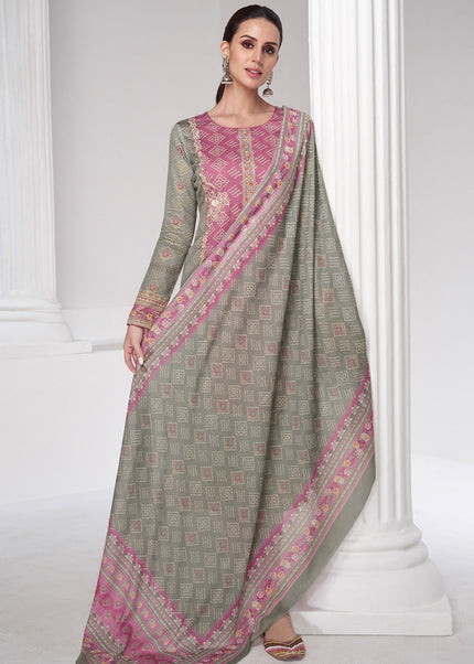 Pink and Grey Embroidered Straight Suit