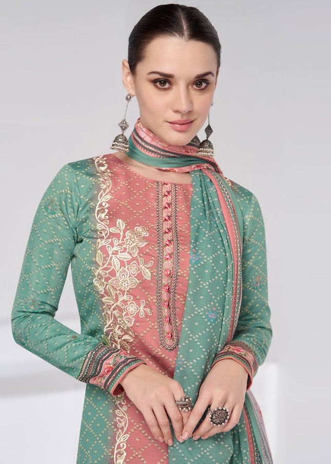 Pink and Green Embroidered Straight Suit