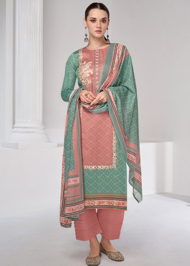 Pink and Green Embroidered Straight Suit