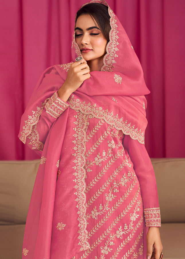 Pink Embroidered Palazzo Suit
