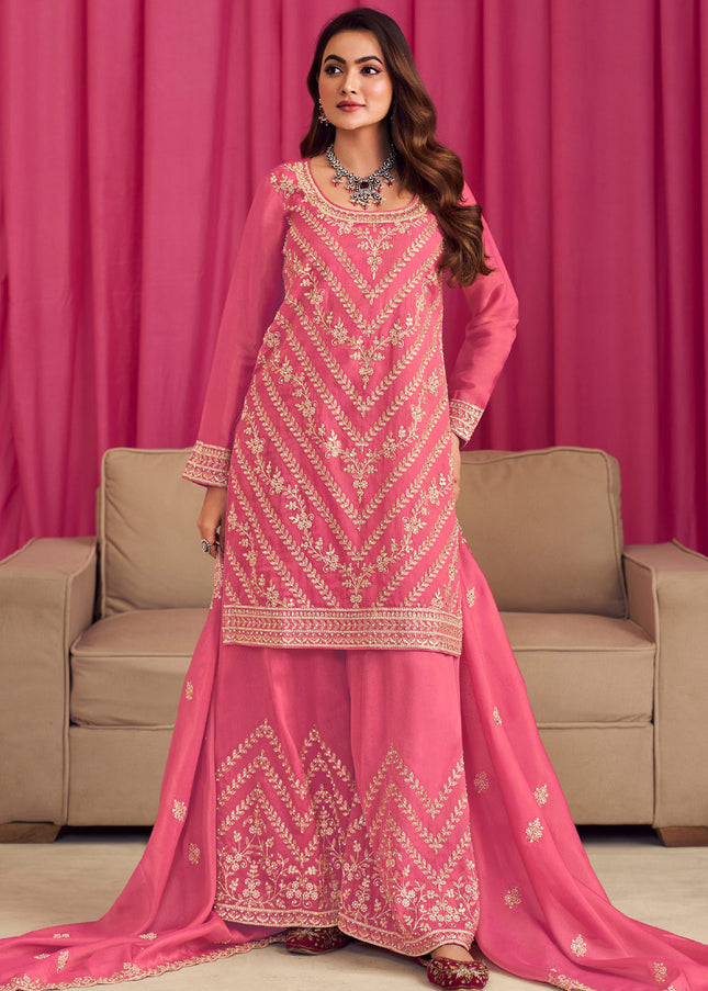 Pink Embroidered Palazzo Suit