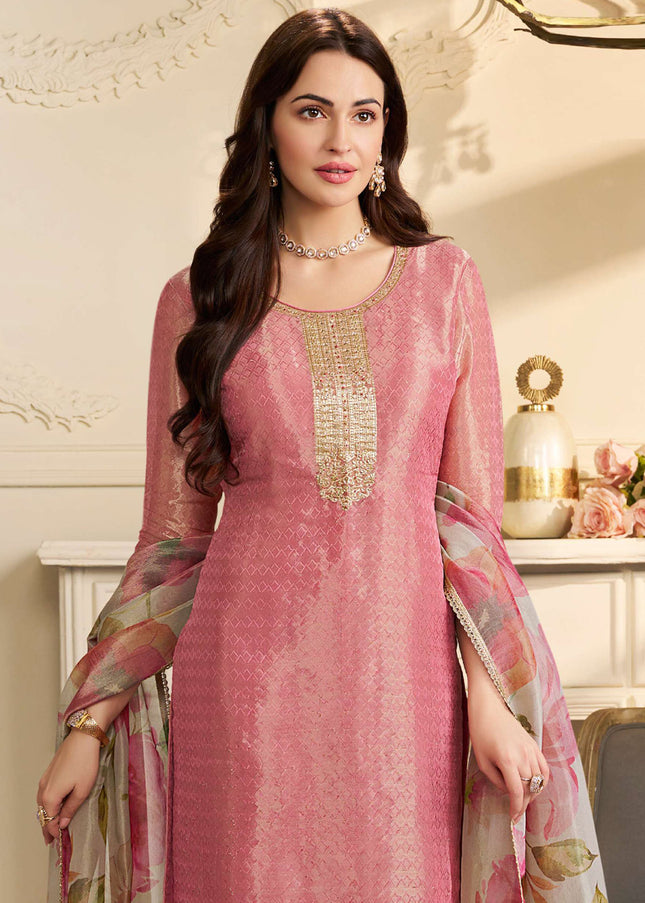 Pink Printed and Embroidered Pant Suit