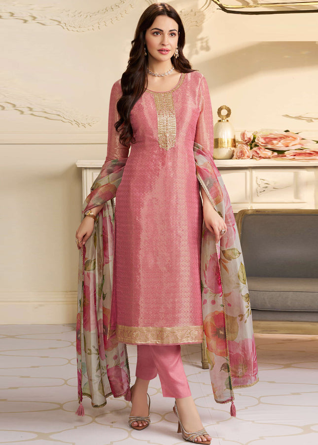 Pink Printed and Embroidered Pant Suit