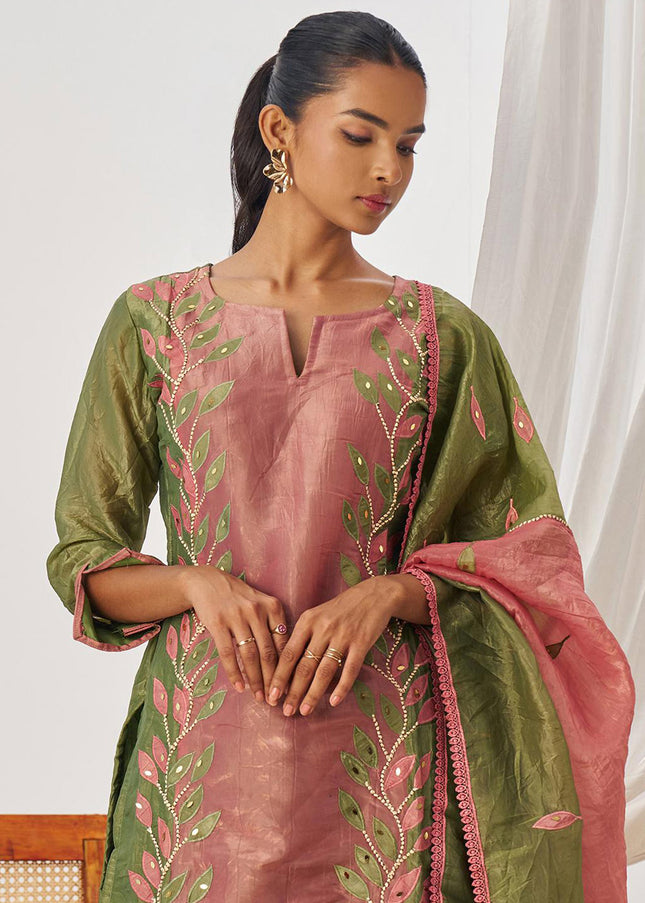 Pink and Green Embroidered Pant Suit