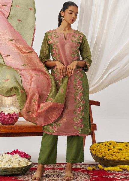 Pink and Green Embroidered Pant Suit