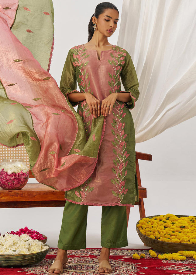 Pink and Green Embroidered Pant Suit