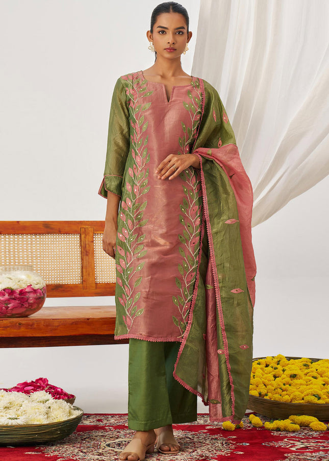 Pink and Green Embroidered Pant Suit