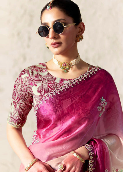Pink and Cream Printed and Embroidered Festive Saree