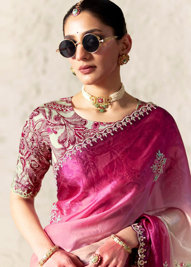 Pink and Cream Printed and Embroidered Festive Saree