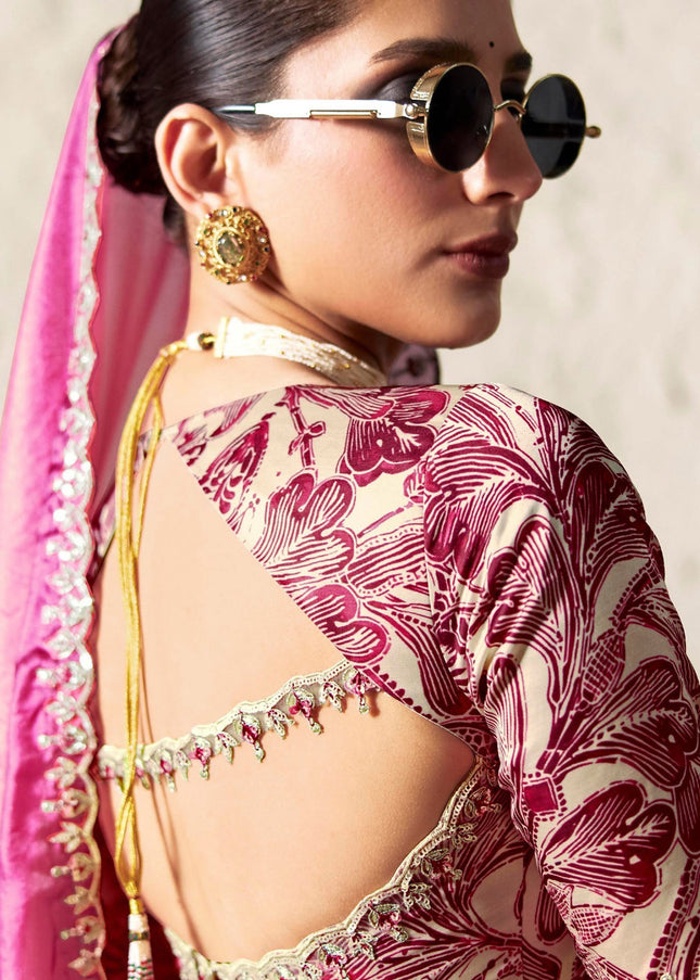 Pink and Cream Printed and Embroidered Festive Saree