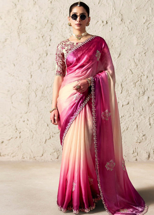 Pink and Cream Printed and Embroidered Festive Saree
