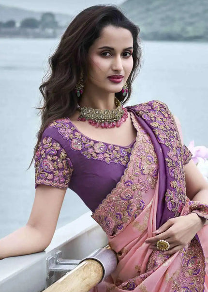 Violet and Pink Embroidered Wedding Saree