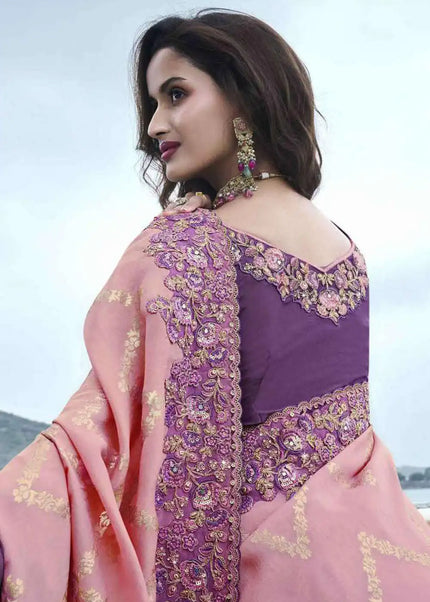 Violet and Pink Embroidered Wedding Saree