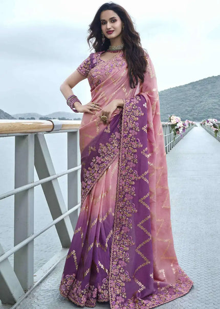 Violet and Pink Embroidered Wedding Saree