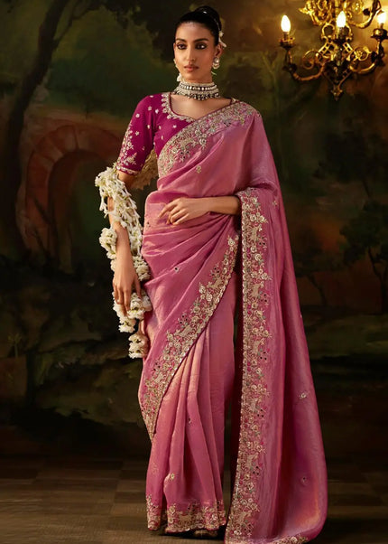 Pink Embroidered Festive Saree