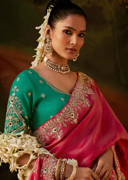 Pink and Teal Yellow Embroidered Festive Saree