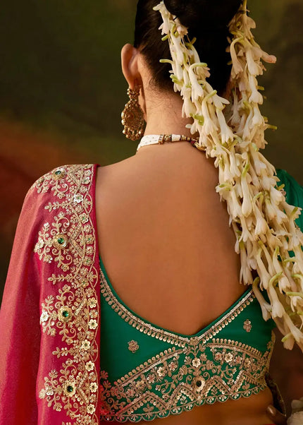Pink and Teal Yellow Embroidered Festive Saree