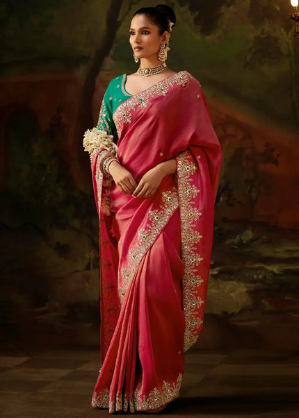 Pink and Teal Yellow Embroidered Festive Saree