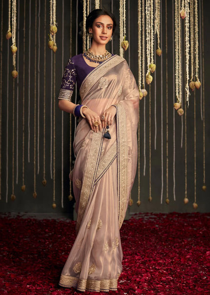 Pink and Violet Embroidered Wedding Saree