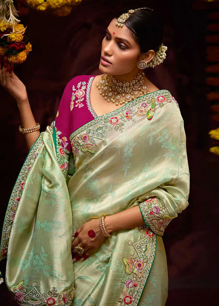 Pink and Sea Green Embroidered Wedding Saree